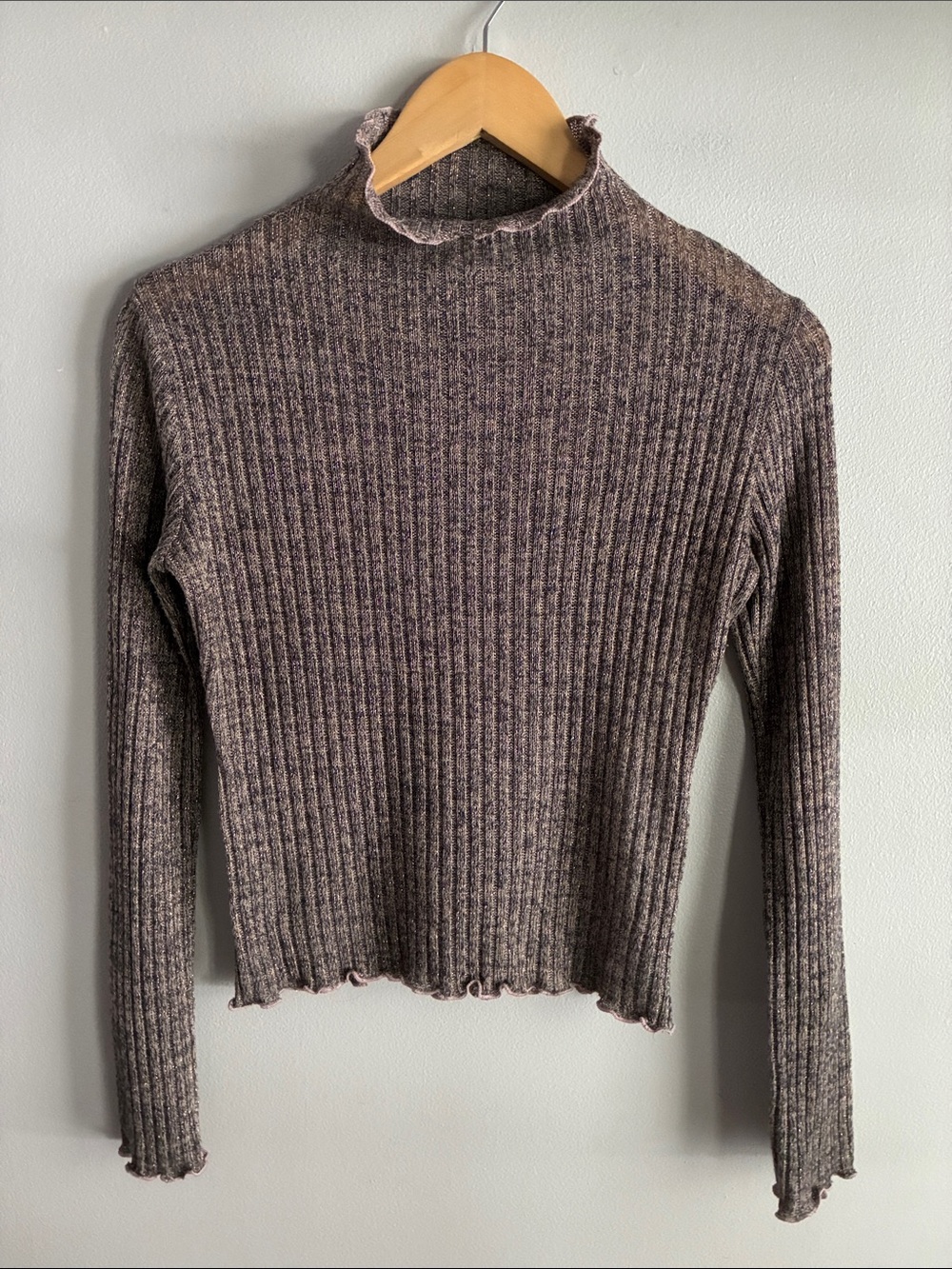 Chelsea & Violet Metallic Ribbed Mock Neck Crop Top Sheer Shimmer Long Sleeve S